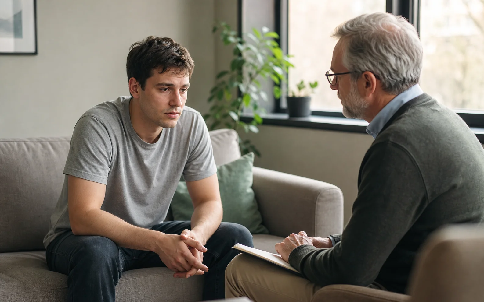 Терапевт поддерживает уставшего пациента на диване